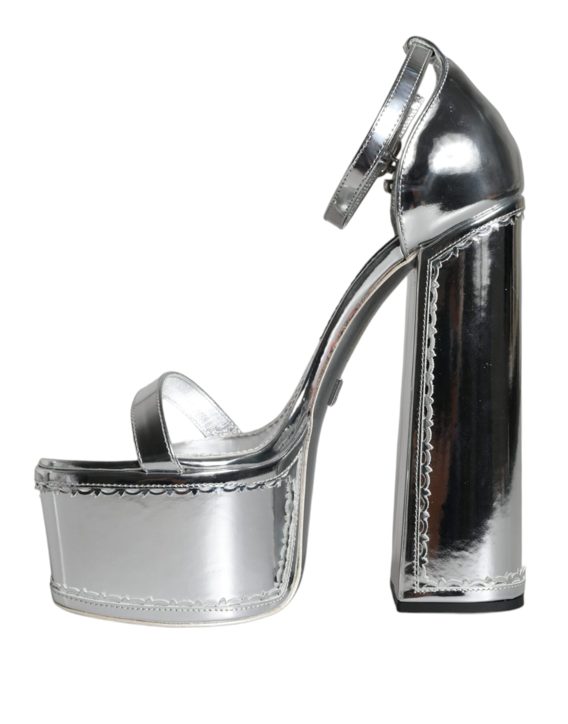 Silver Leather Platform Ankle Strap Sandals Shoes