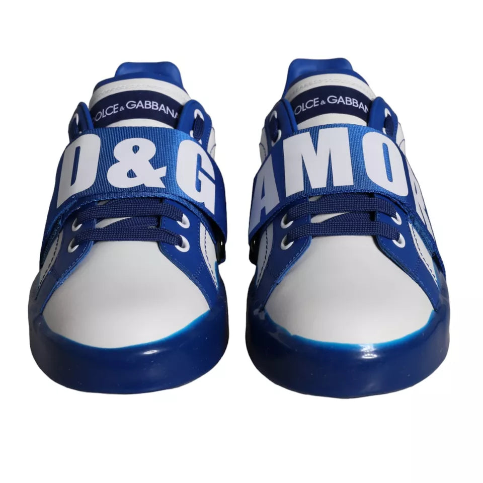 White Blue Amore Print Leather Sneakers Shoes