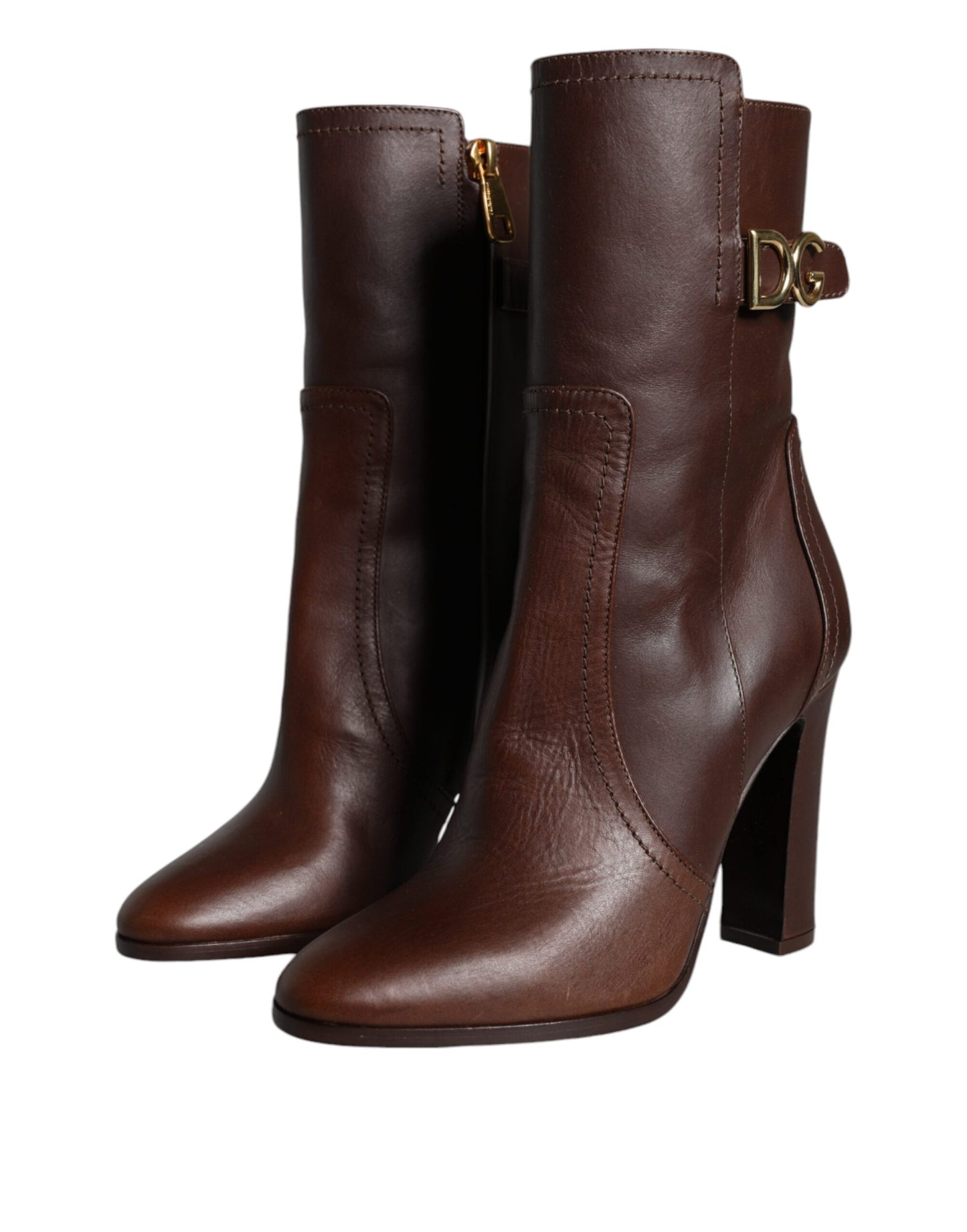 Brown Leather Heels Mid Calf Boots Shoes