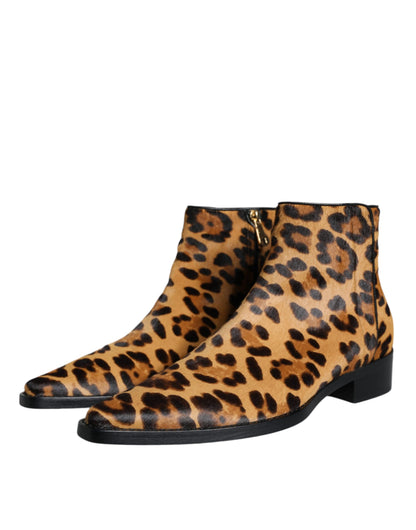 Brown Leopard Calf Fur Ankle Boots Shoes