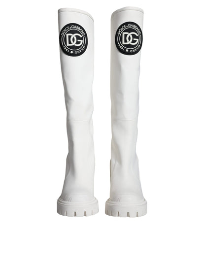 White Cotton Logo Heels Knee High Boots Shoes