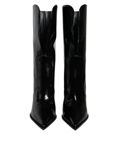 Black Patent Leather Mid Calf Boots Shoes