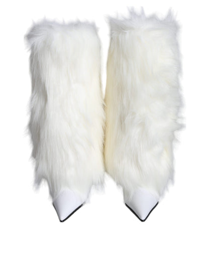 White Fur Leather Heels Mid Calf Boots Shoes