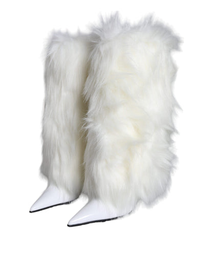 White Fur Leather Heels Mid Calf Boots Shoes