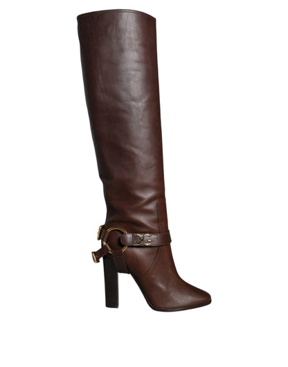 Brown Leather Gold Tone Logo High Boots Shoes