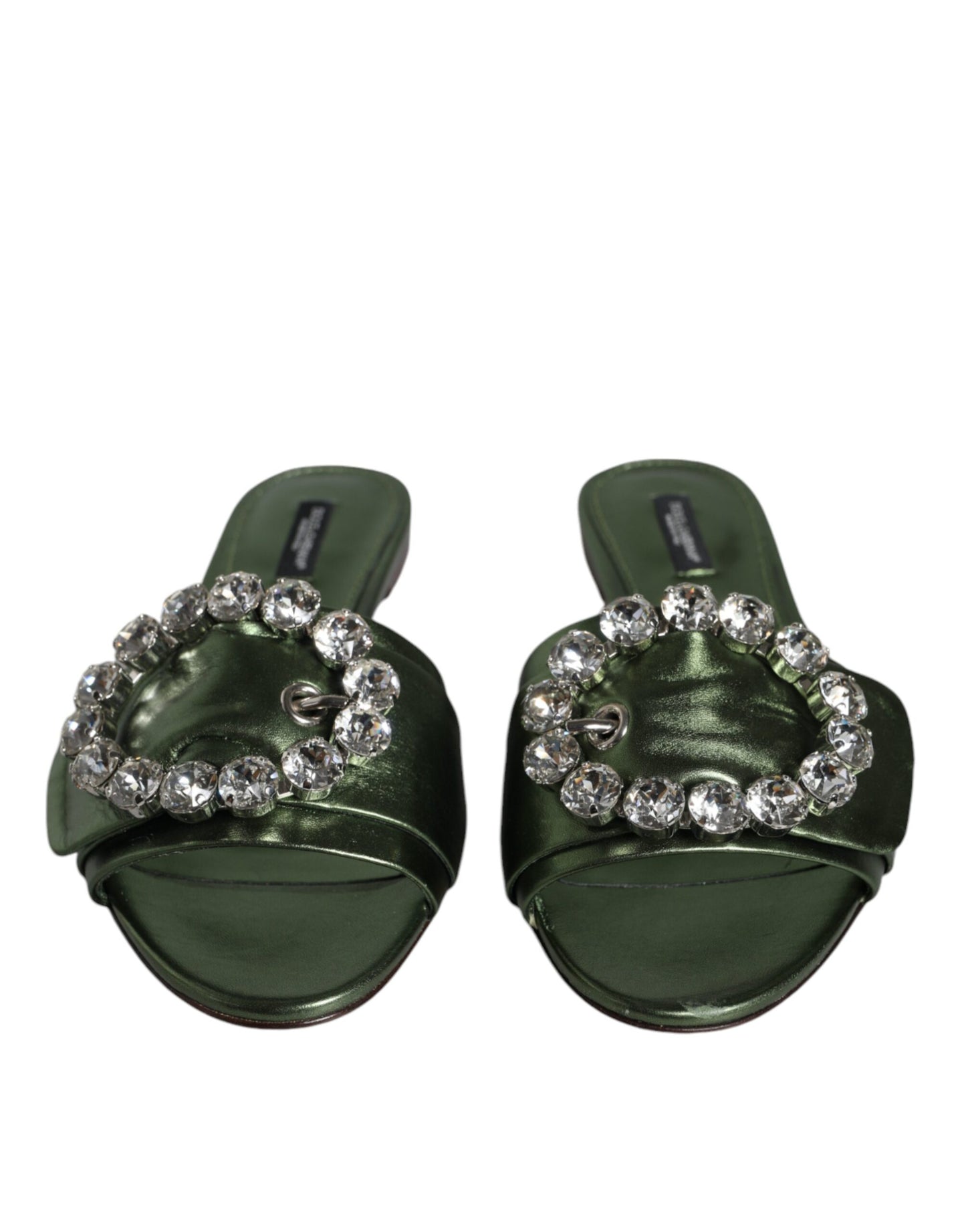 Metallic Green Crystal Leather Flats Sandals Shoes