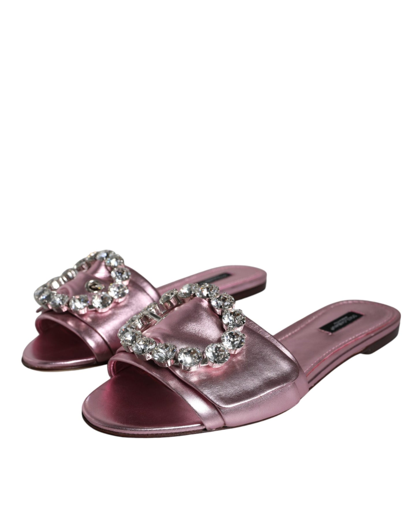 Metallic Pink Crystal Leather Flats Sandals Shoes