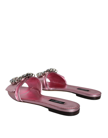 Metallic Pink Crystal Leather Flats Sandals Shoes