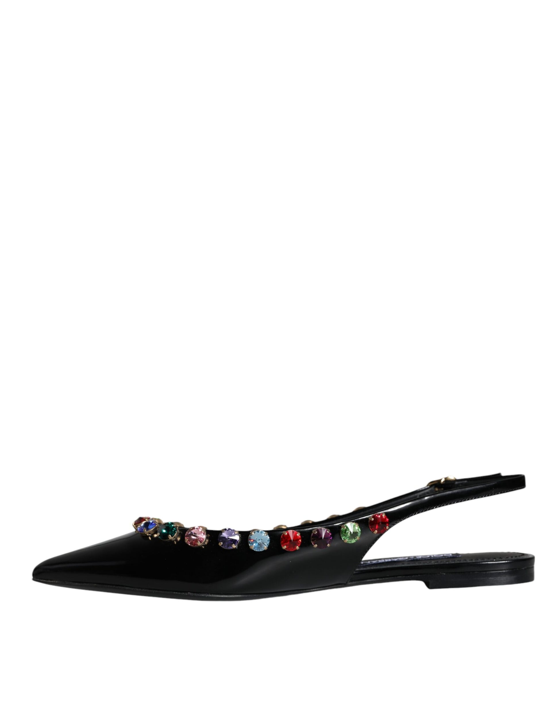 Black Leather Crystal Flats Slingback Shoes