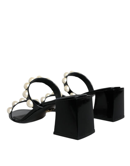 Black Leather Pearls Slides Sandals Shoes