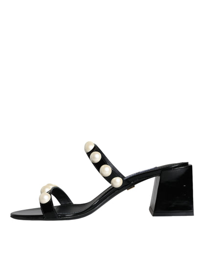 Black Leather Pearls Slides Sandals Shoes