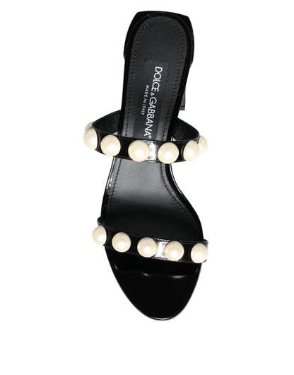 Black Leather Pearls Slides Sandals Shoes