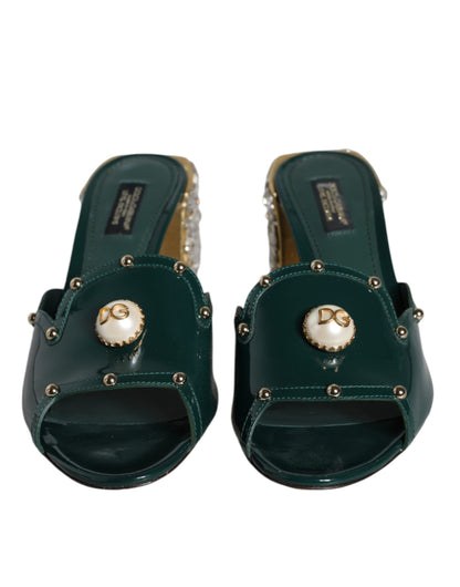 Green Crystal Leather Slides Sandals Shoes