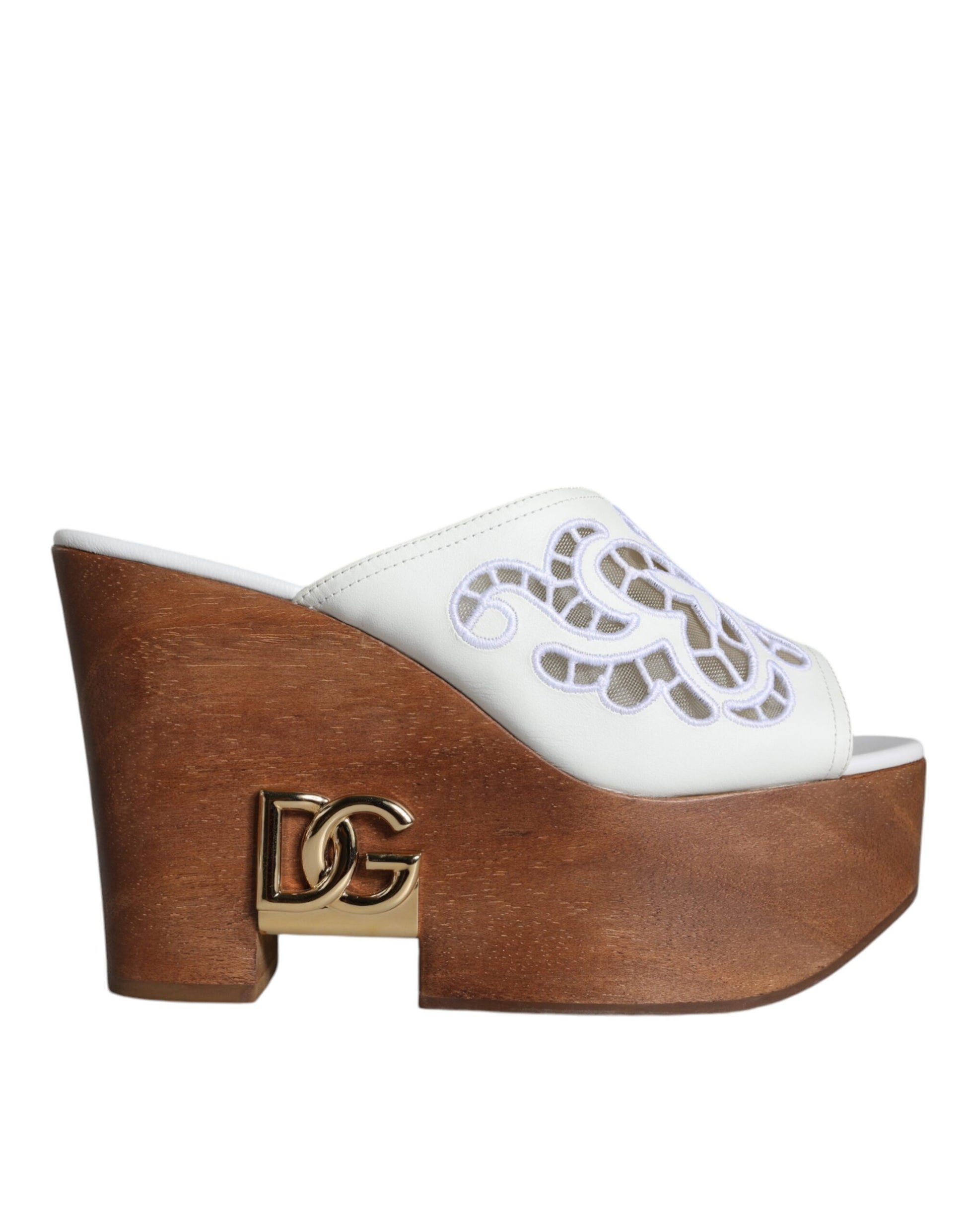 White Leather Wood Mules Wedge Slides Shoes