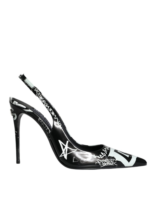 Black Graffiti Leather Slingback Heels Pumps Shoes