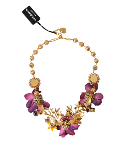 Gold Brass Mix Fiori Flowers Crystal Chain Necklace