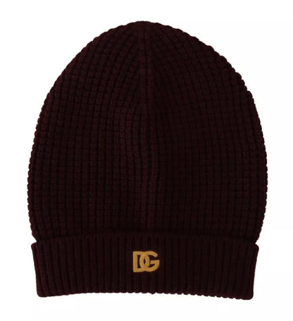 Dark Red Wool Knit Women Logo Beanie Cap Hat