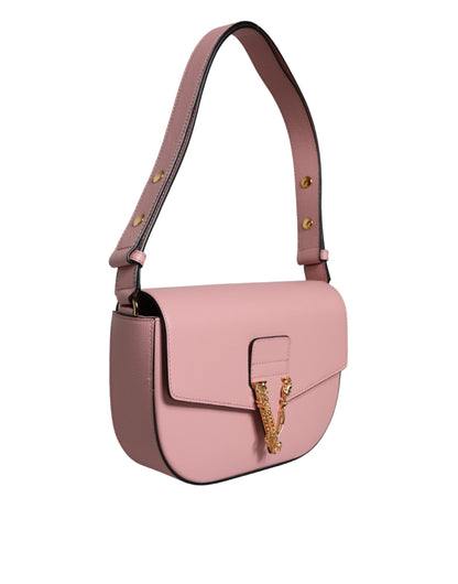 Pink Grainy Calf Leather Logo Crossbody Shoulder Bag