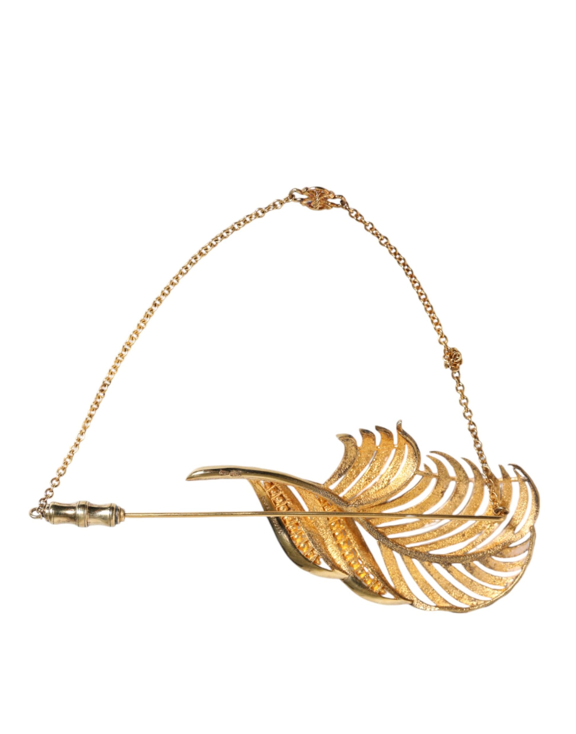 Gold Tone 925 Sterling Silver Leaf Crystal Chain Brooch