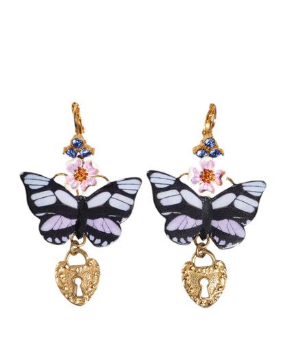 Gold Purple Crystal Butterfly Heart Locket Earrings