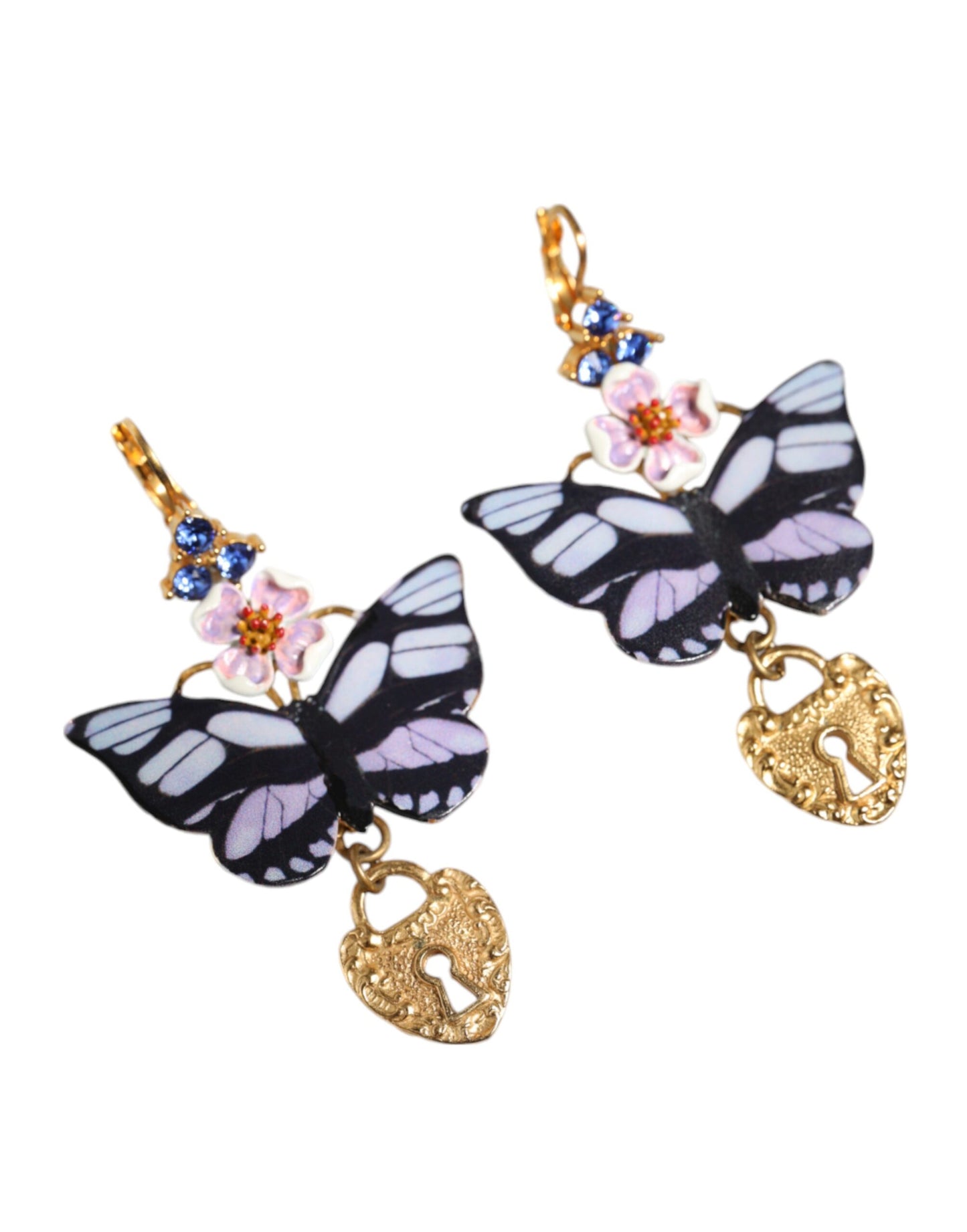 Gold Purple Crystal Butterfly Heart Locket Earrings