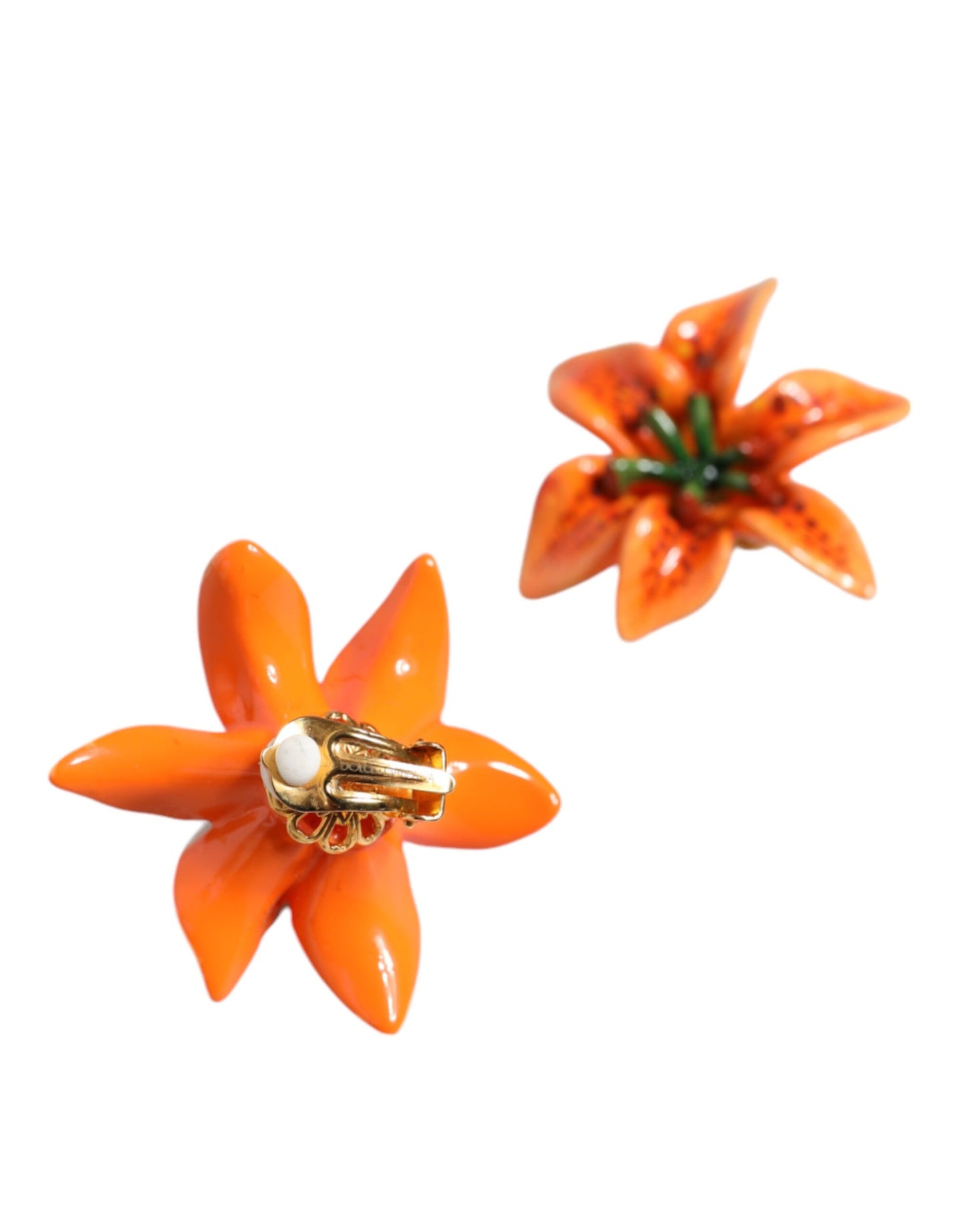 Orange Green Gold Brass Lily Flower Clip Floral Earrings