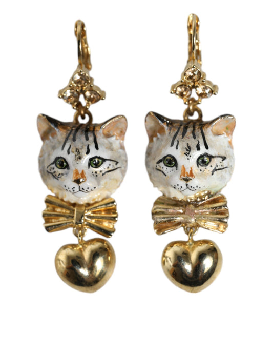 Gold Brass Heart Cat Crystal Pendant Clip Drop Earrings