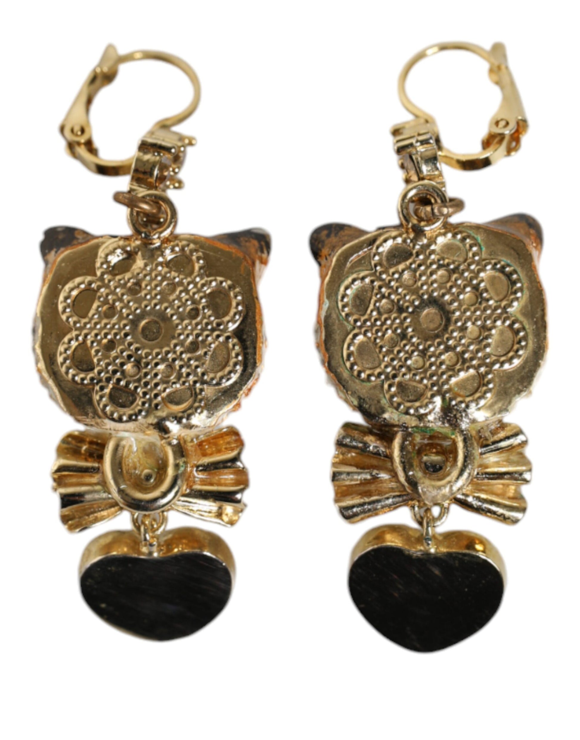 Gold Brass Heart Cat Crystal Pendant Clip Drop Earrings