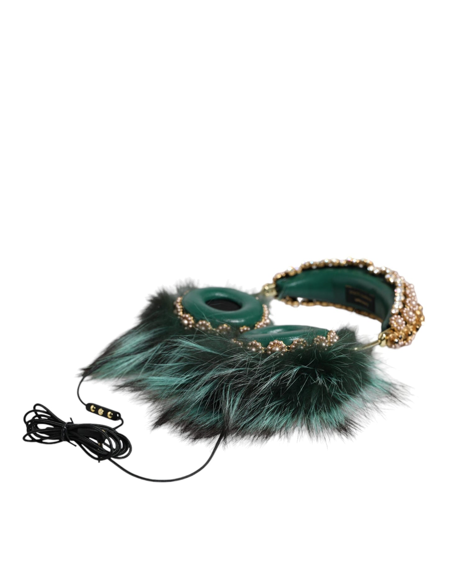 Green Gold Crystal Fur Headset Audio AUX Headphones