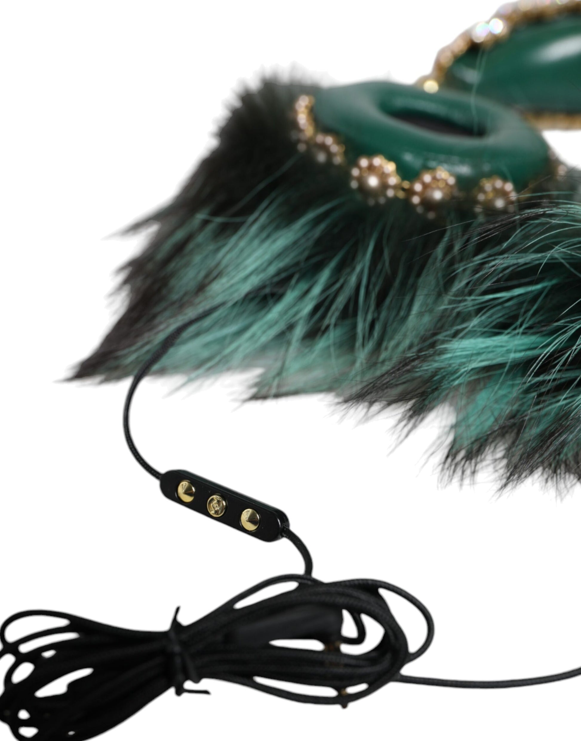 Green Gold Crystal Fur Headset Audio AUX Headphones