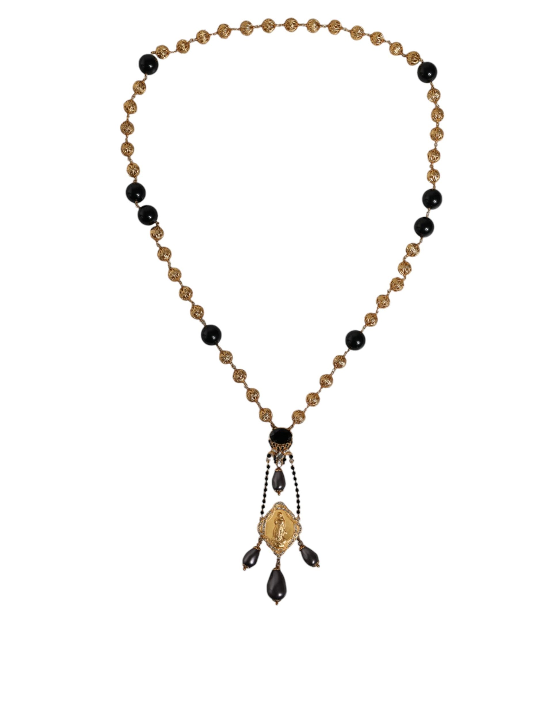 Gold Chain Brass Black Beaded Rosary Style Necklace