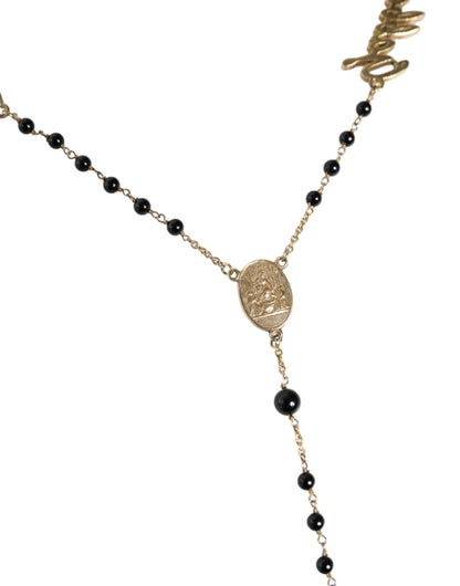 Gold Sterling Silver Black Beaded Rosary Chain Necklace