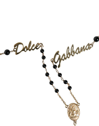 Gold Sterling Silver Black Beaded Rosary Chain Necklace