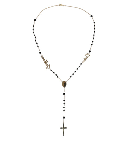 Gold Sterling Silver Black Beaded Rosary Chain Necklace