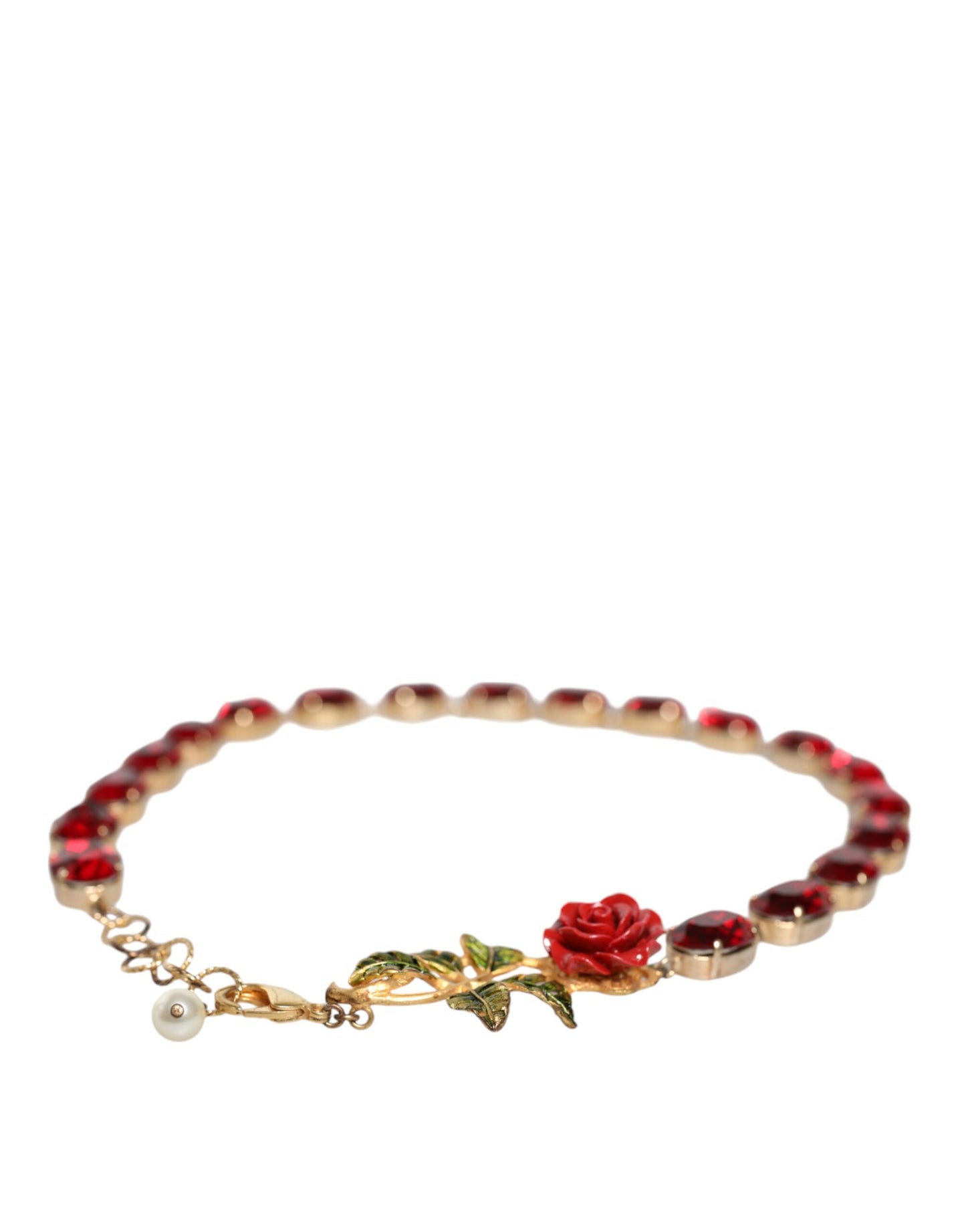 Gold Chain Brass Red Rose Crystal Embellished Necklace