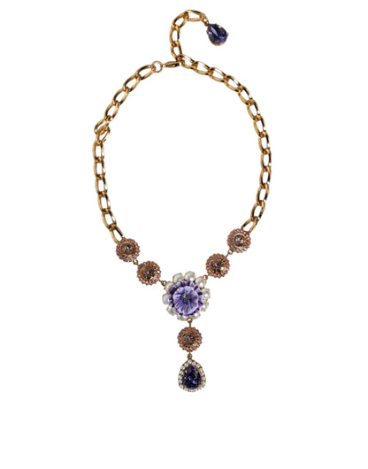 Gold Brass Crystal Purple Pink Pearl Pendants Necklace