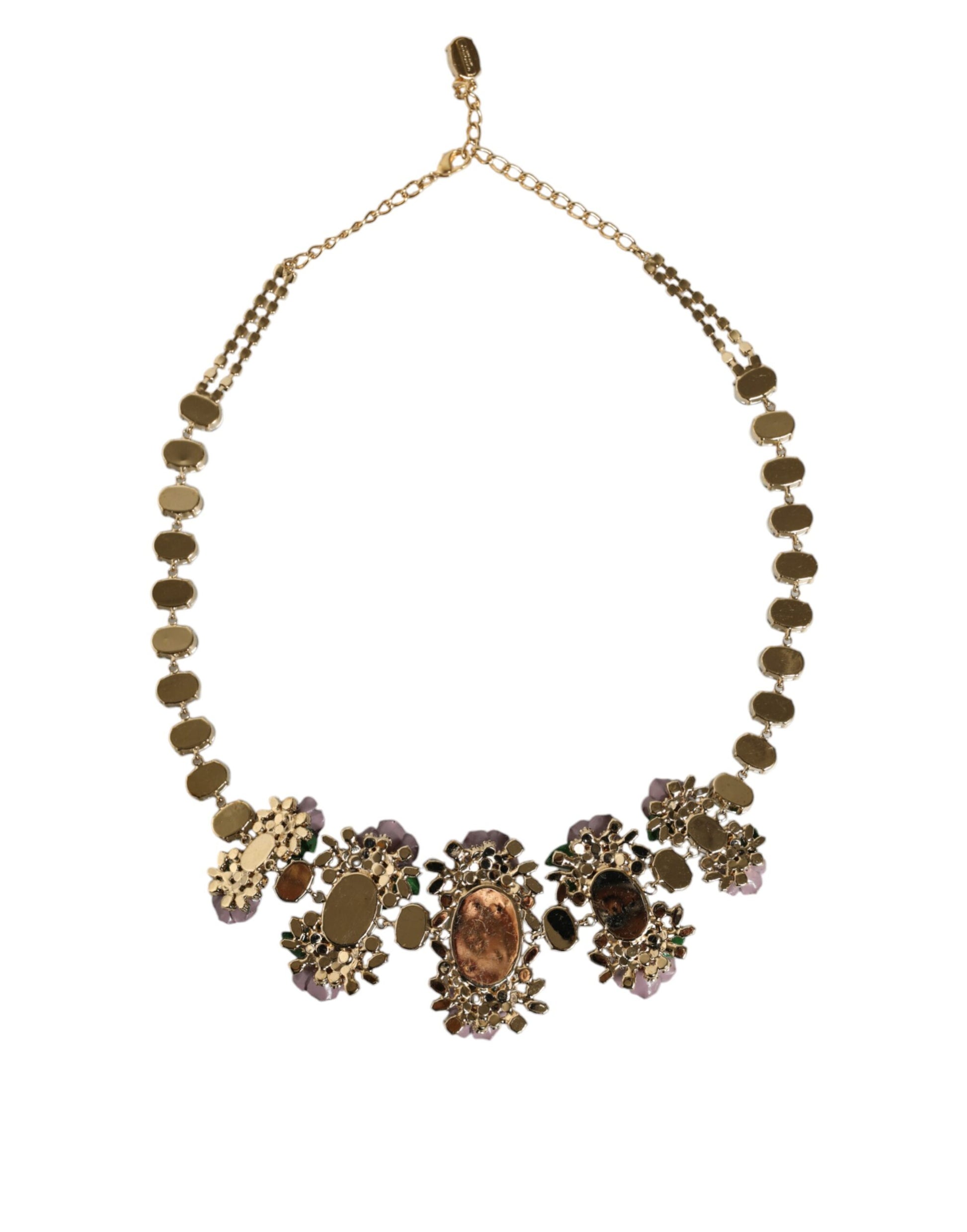 Gold Brass Link Chain Rose Petal Crystal Embellished Necklace