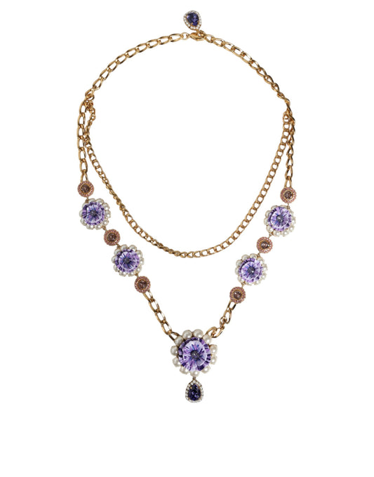 Gold Tone Floral Crystals Embellished Layered Necklace