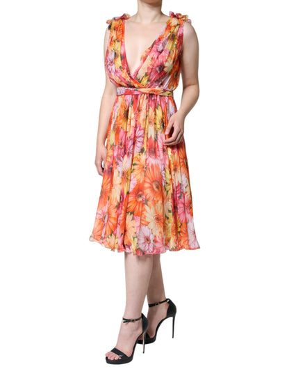 Multicolor Floral Sleeveless V-neck Midi Dress