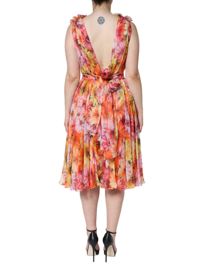 Multicolor Floral Sleeveless V-neck Midi Dress