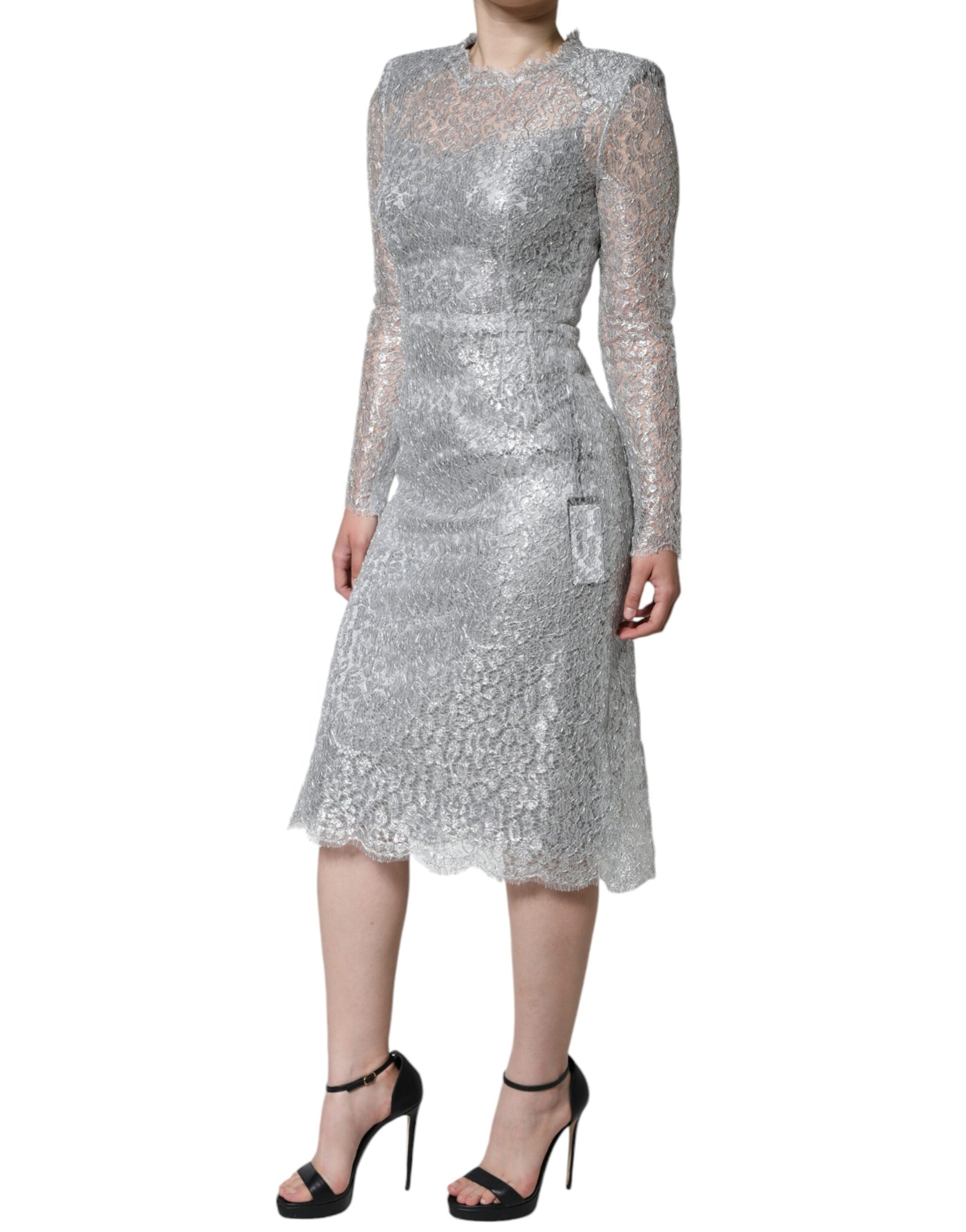 Silver Floral Lace Bodycon Sheath Midi Dress