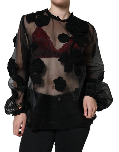 Black Nylon Mesh Transparent Floral Blouse