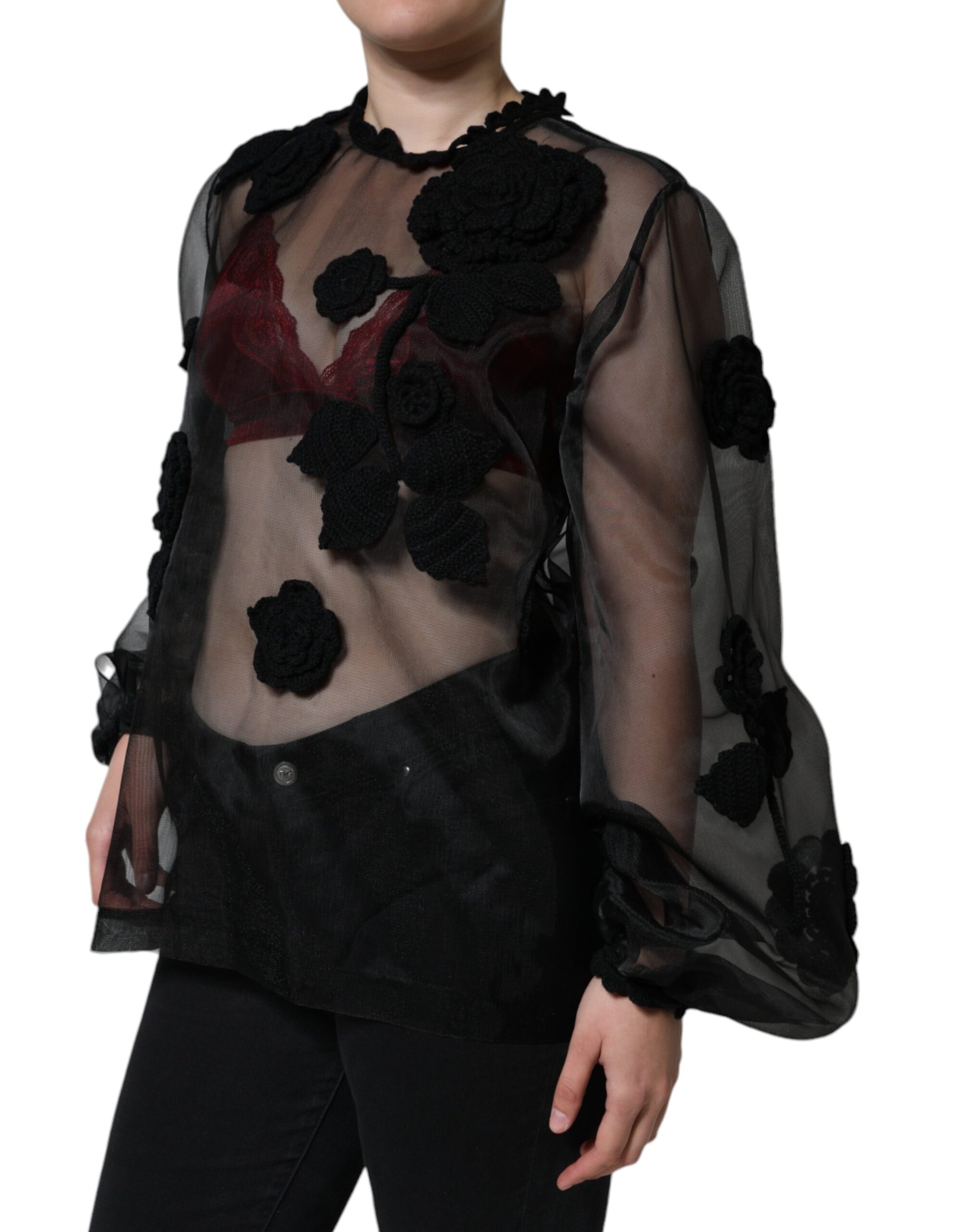 Black Nylon Mesh Transparent Floral Blouse