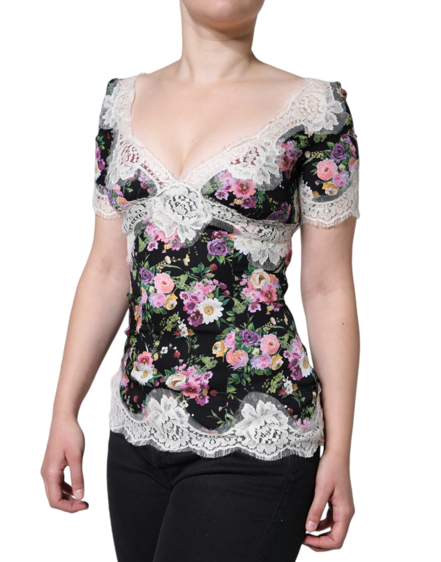 Black Floral Lace Short Sleeves Blouse Top