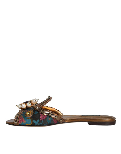 Multicolor Jacquard Embellished Slides Flats Shoes