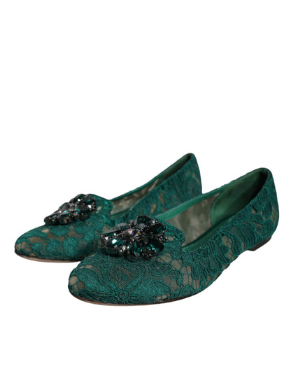 Green Lace Crystal Ballet Flats Loafers Shoes