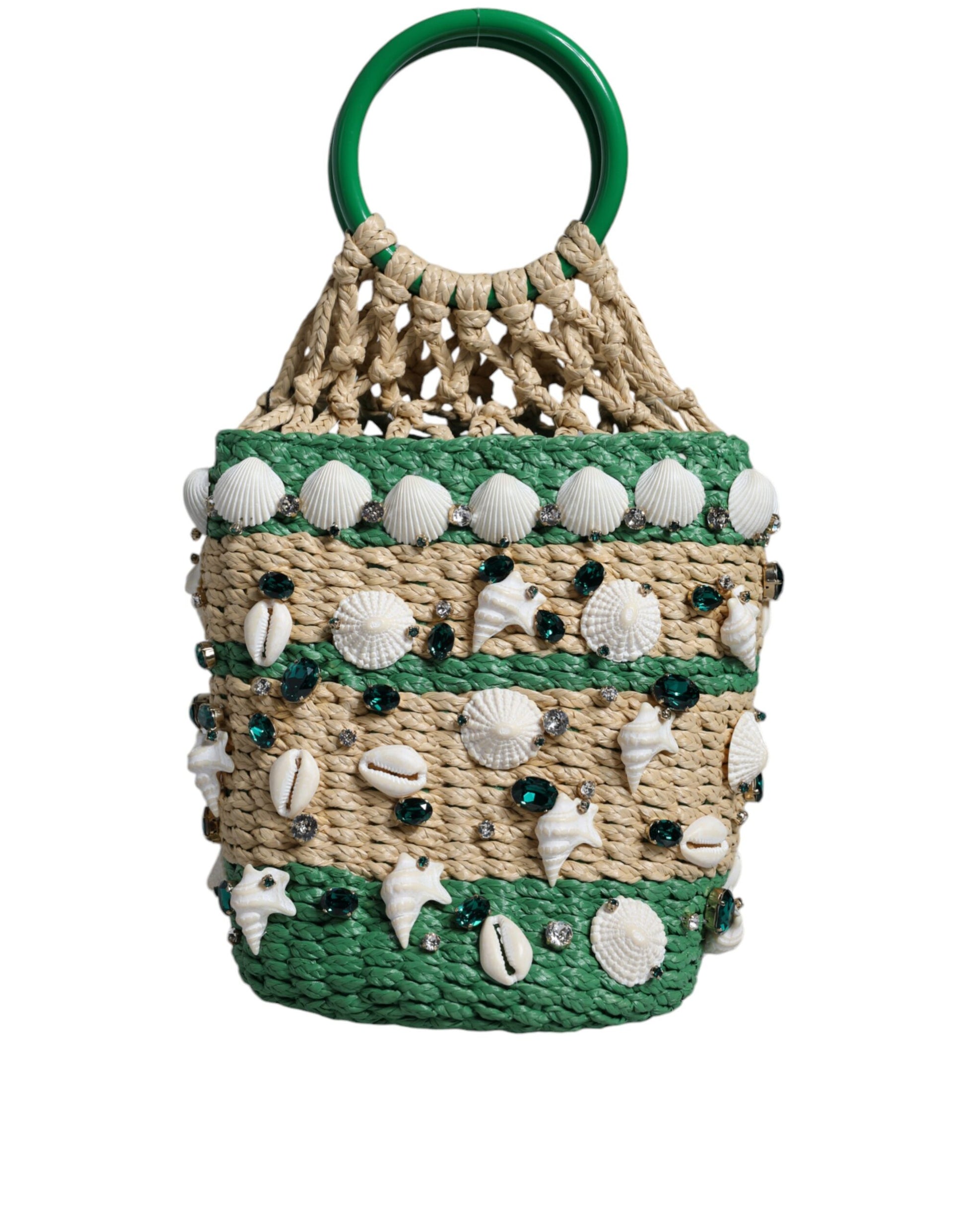 Beige Green Rafia Seashells Crystal Bucket Bag