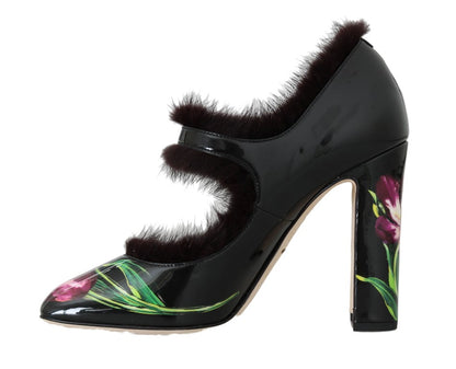 Black Purple Tulip Print Fur Mary Janes Pumps