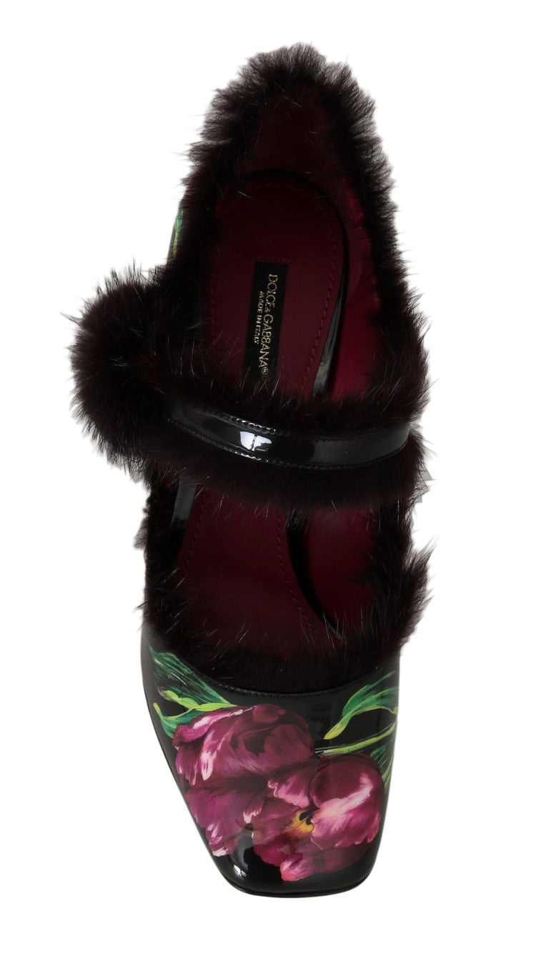 Black Purple Tulip Print Fur Mary Janes Pumps