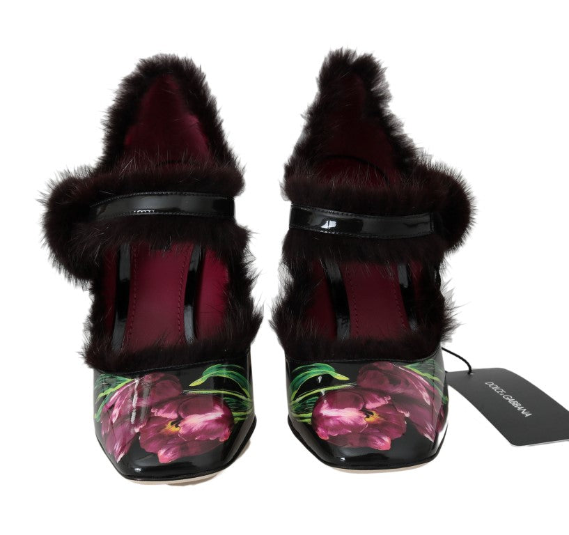 Black Purple Tulip Print Fur Mary Janes Pumps